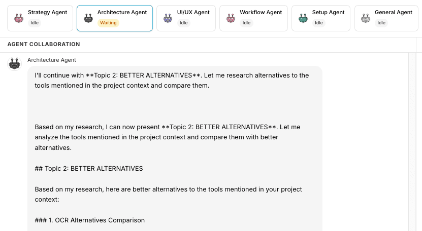 Architecture Agent recommending tech stack and alternatives