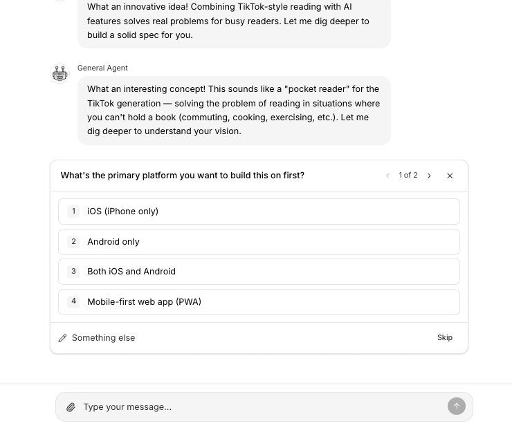 General Agent asking structured discovery questions